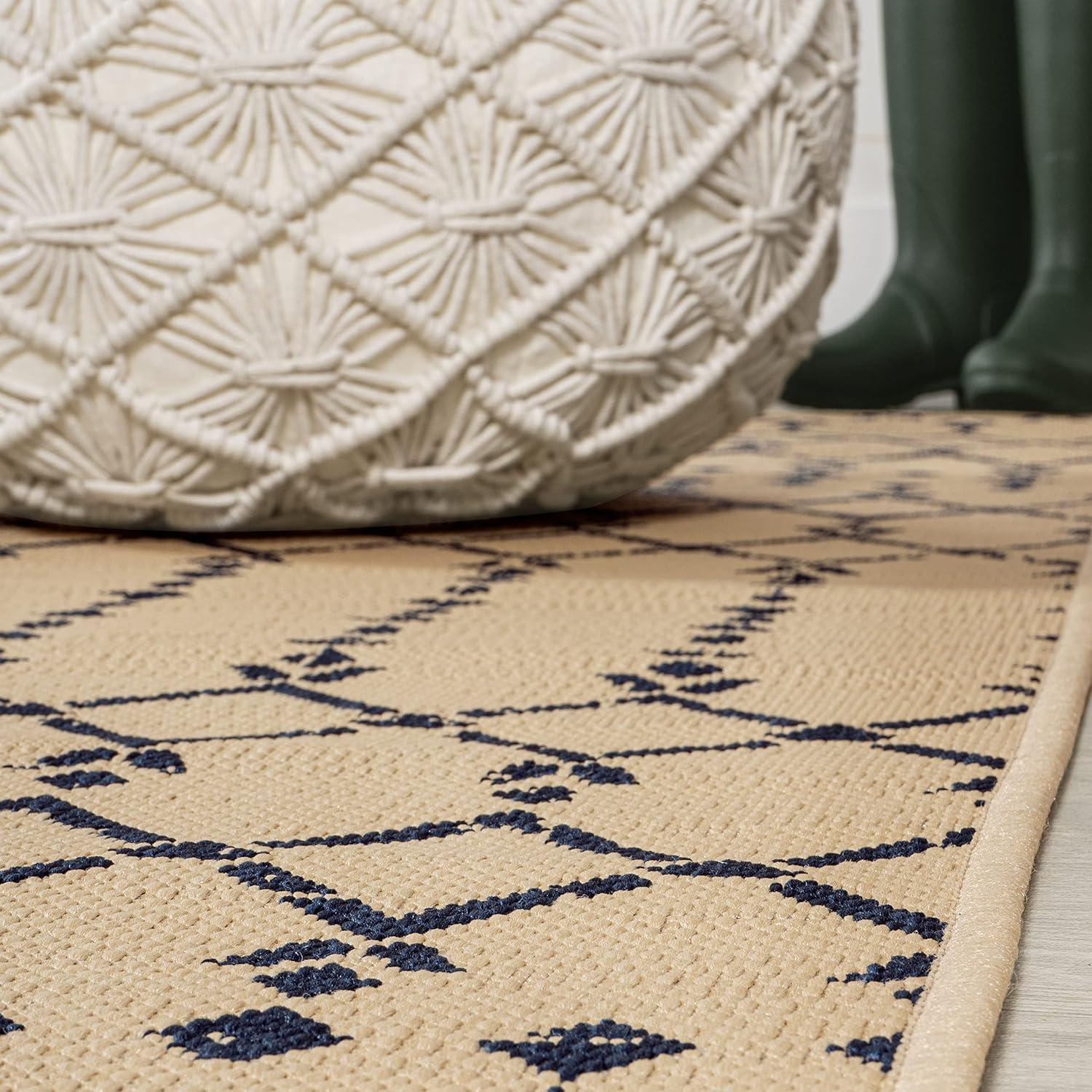 5' x 5' Ourika Moroccan Geometric Textured Weave Indoor/Outdoor Area Rug, Beige/Navy - JONATHAN Y