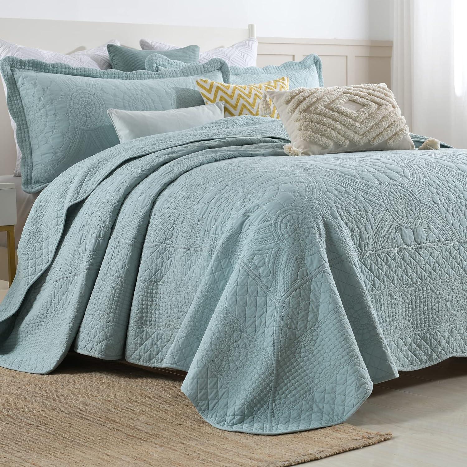 MarCielo  3Pcs 100% Cotton Oversized Quilt Bedspread Coverlet Set TF Angel Blue - Oversized Queen