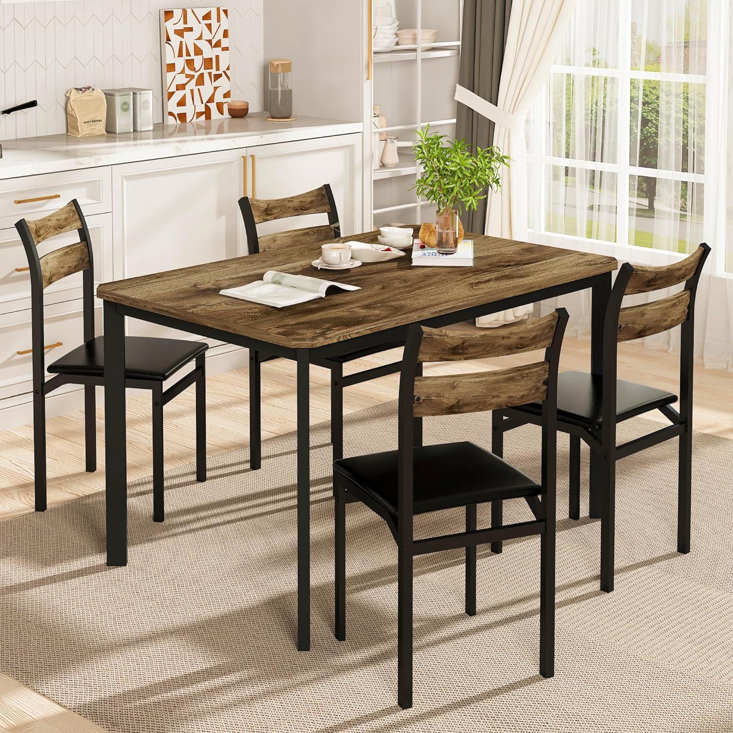 Dining Table Set for 4, 43.3" Dining Room Table with 4 Upholstered PU Leather Chairs, Modern Wood Kitchen Table and Chairs Set, 5-Piece Dinette Set for Breakfast Nook, Small Places, Brown