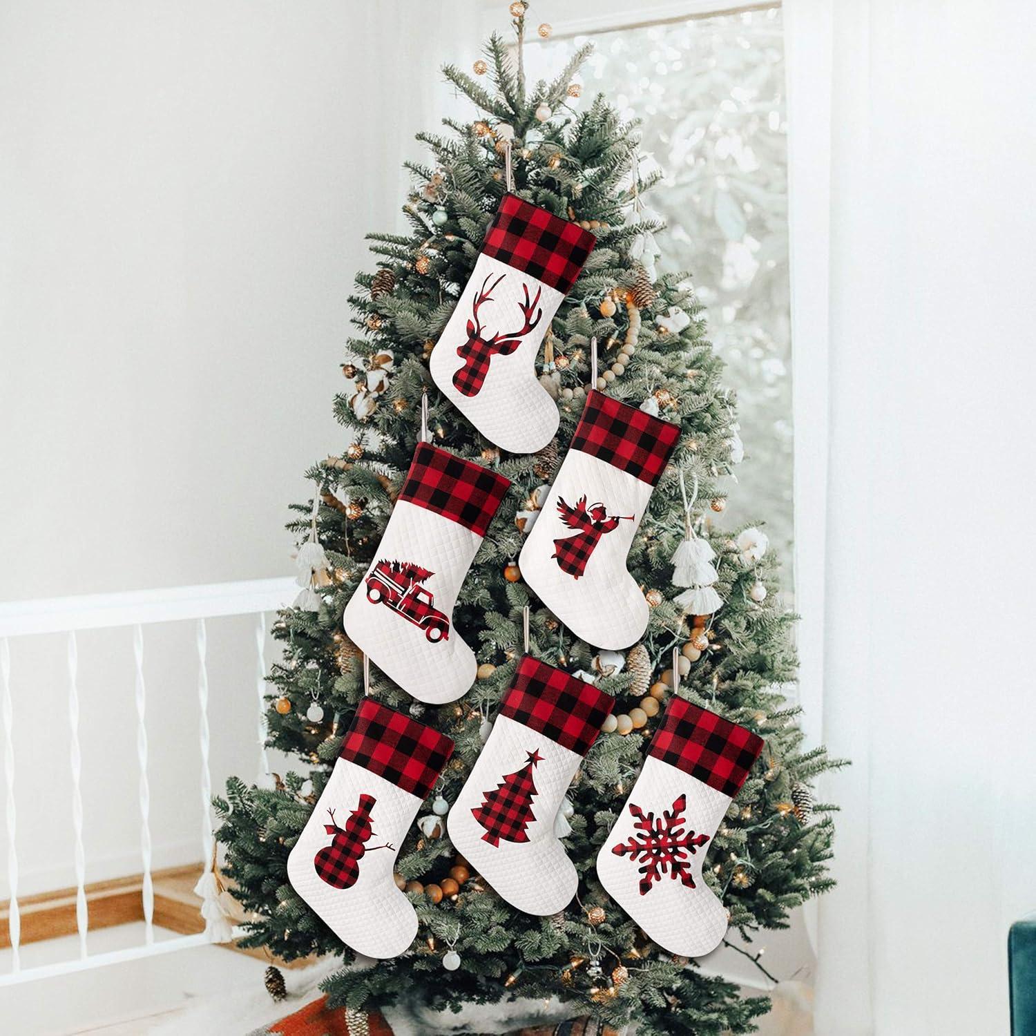 Set of 6 Red Plaid and White Quilted Christmas Stockings