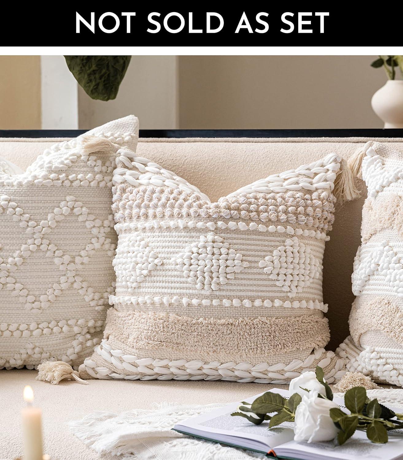Cream White Boho Throw Pillow Cover 20X20, Decorative Neutral Accent Pillow for Couch, Square Woven Textured Pillowcase, Modern Boho Pillow for Bed, Bohemian Pillow Cover (Pack of 1)