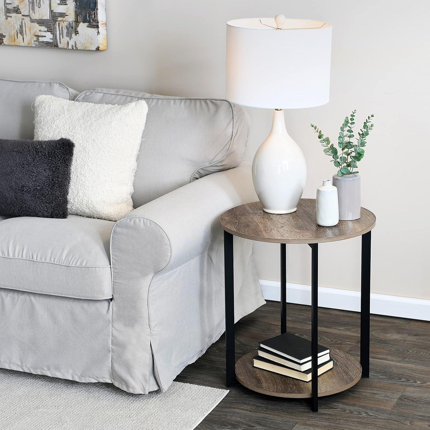 Household Essentials Jamestown Round End Table White: Modern Minimalist, Iron Frame, Particle Board Top