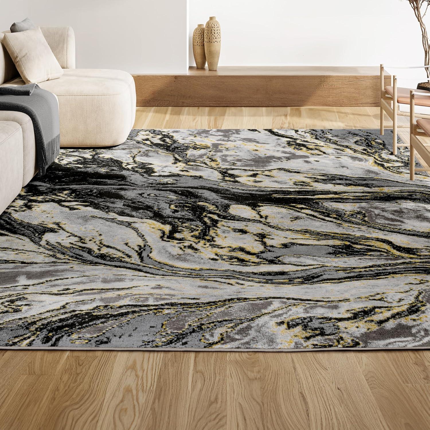 3'x5' Swirl Marbled Abstract, Black/Yellow - JONATHAN Y