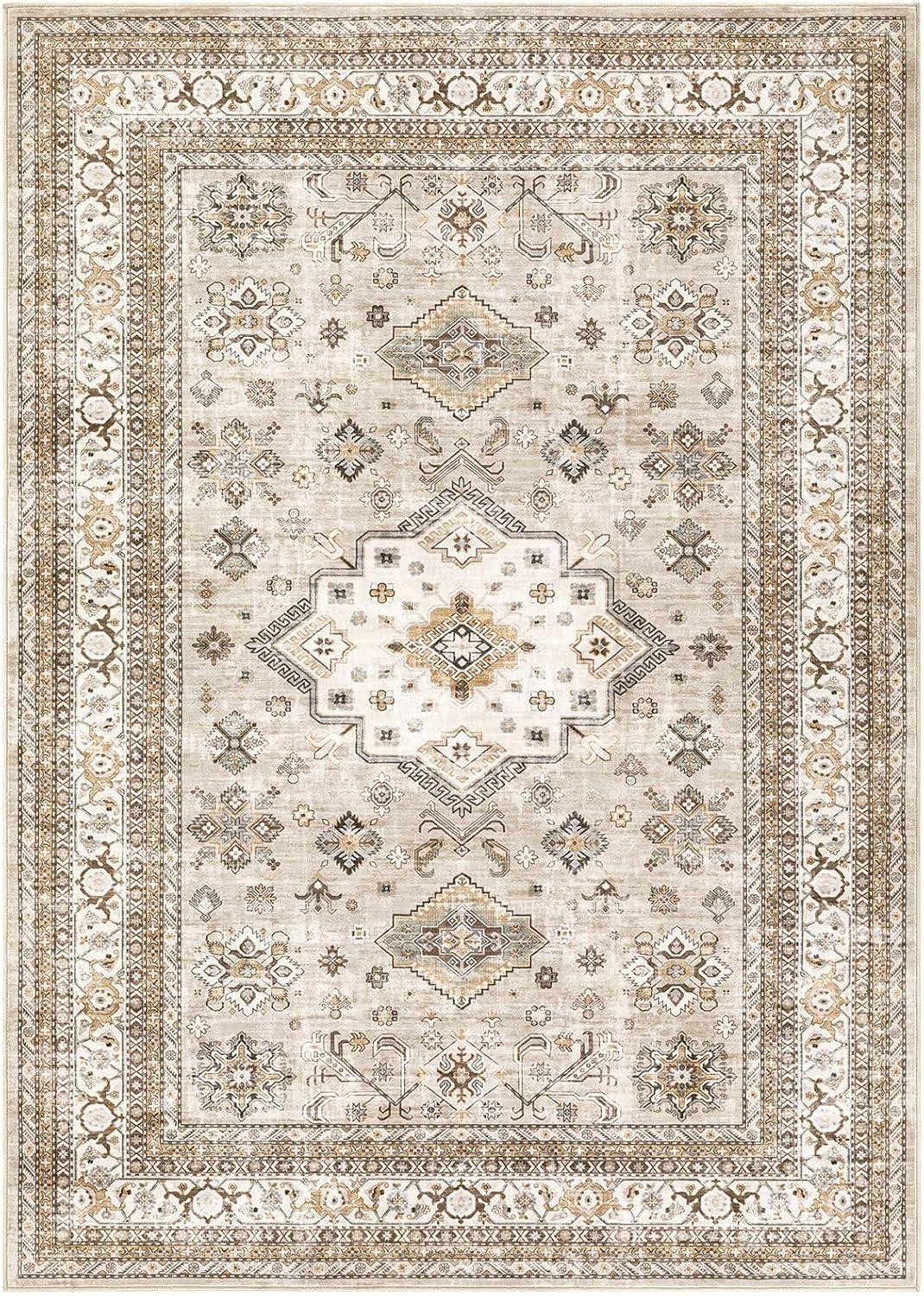 Beige Floral Synthetic Washable 5' x 7' Area Rug