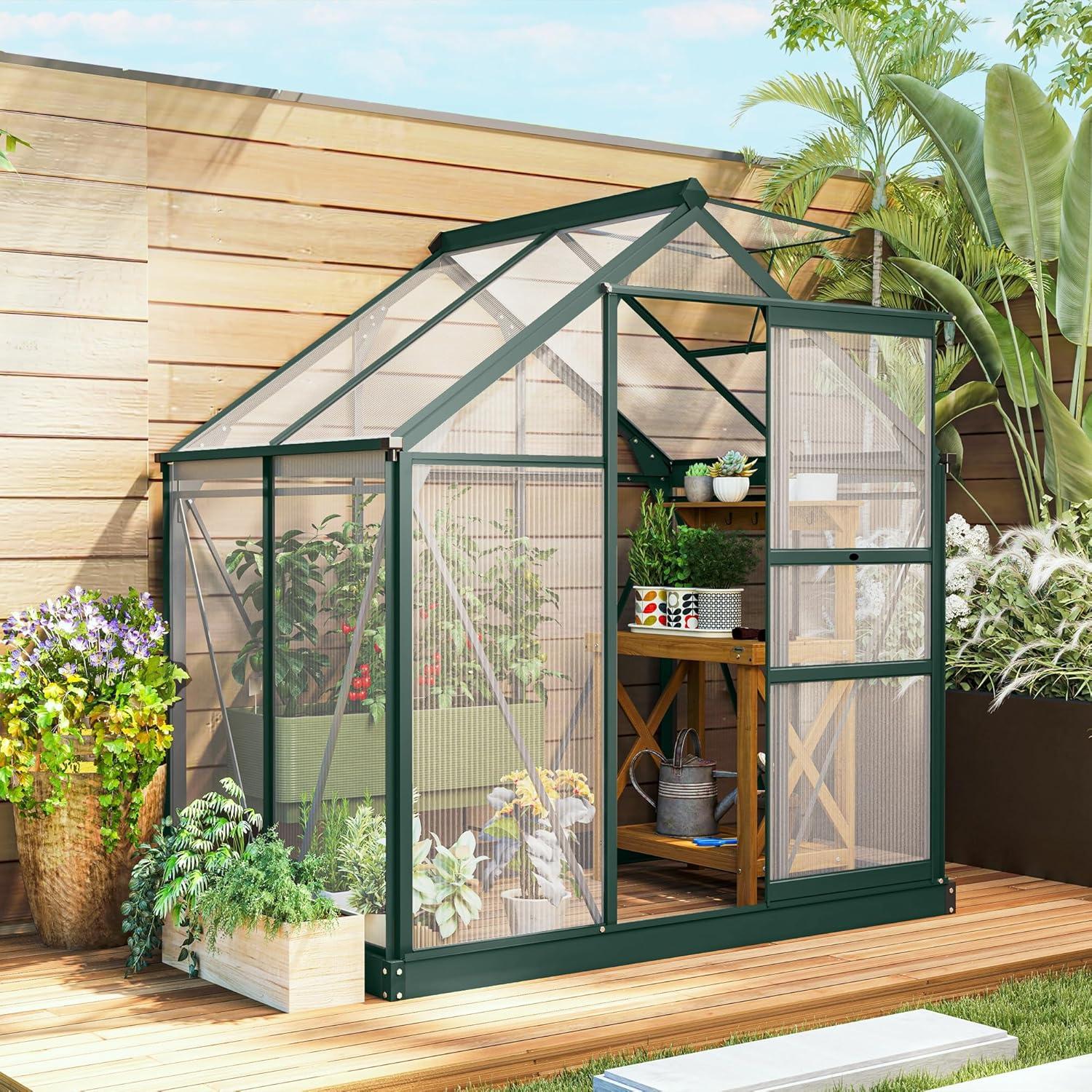 Outsunny 6' x 4' Greenhouse for Outdoors, Polycarbonate Greenhouse with Rain Gutter and Roof Vent, Aluminum Walk-in Green Houses for Outside for Patio Backyard Garden, Dark Green