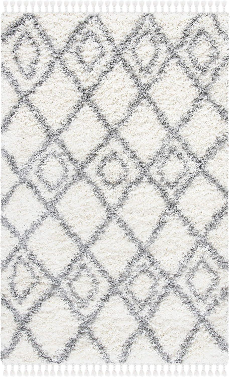 SAFAVIEH Moroccan Tassel Shag Comhgham Geometric Area Rug, Ivory/Dark Grey, 5'3" x 7'6"