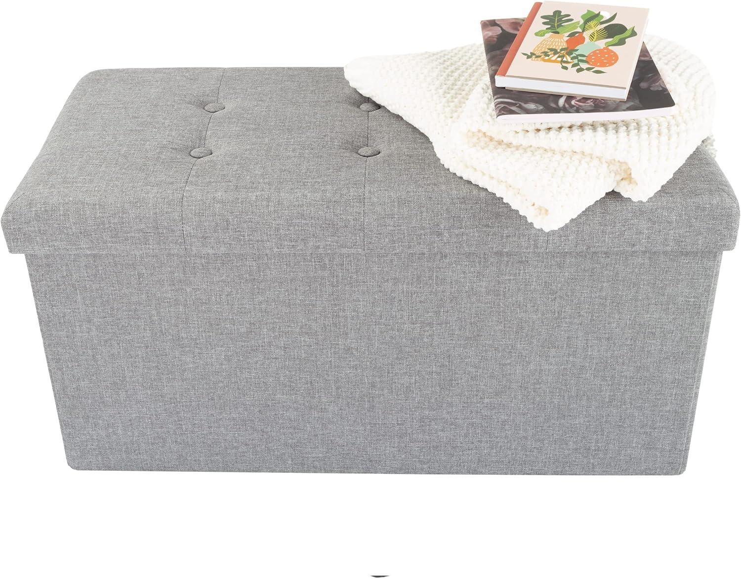 30" Gray Linen Tufted Folding Storage Ottoman Bench