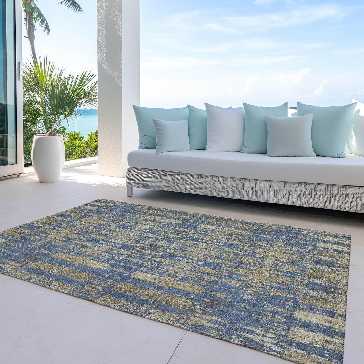 Blue Moroccan Motif Machine-Washable Indoor Outdoor Rug 3' x 5'