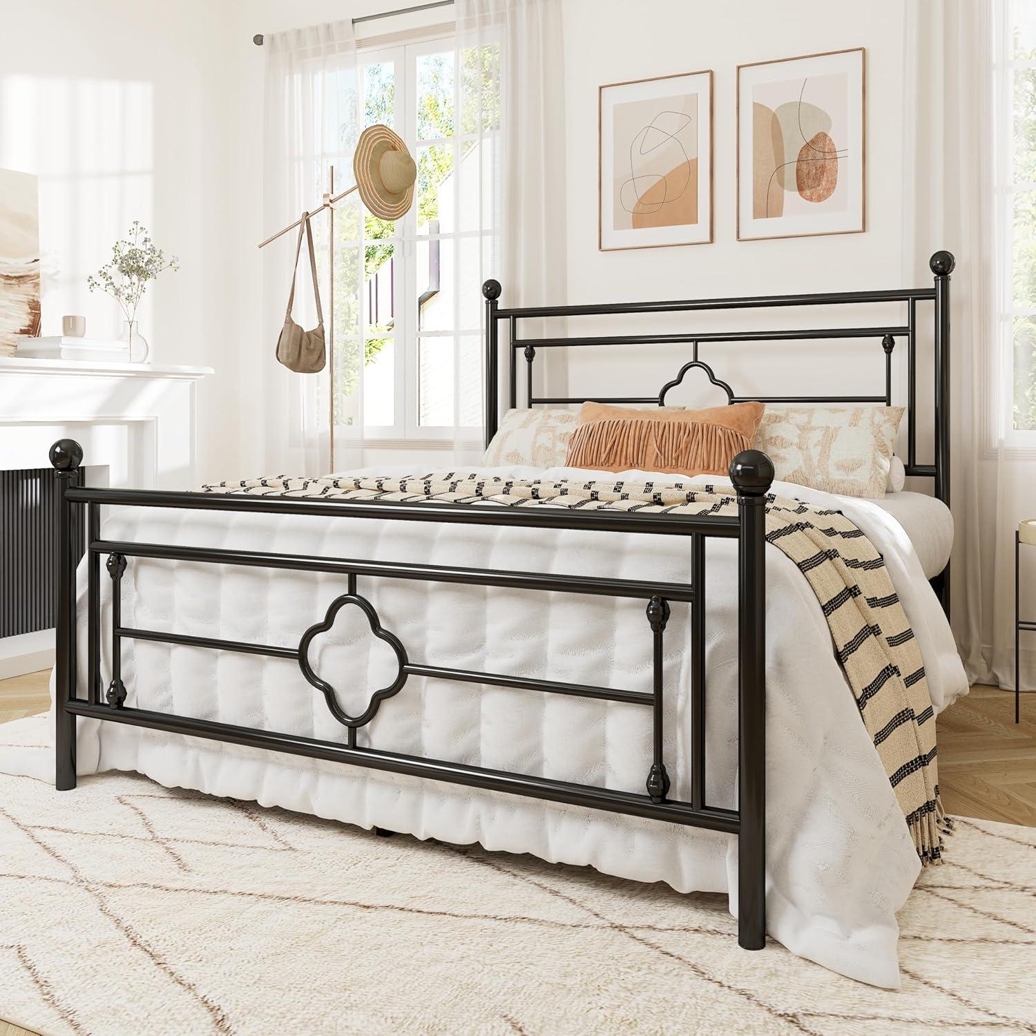 Black Queen Metal Platform Bed Frame with Victorian Headboard and Storage