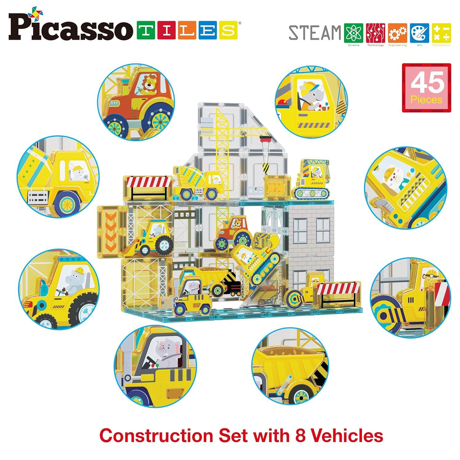 Picasso-TILES 45 PC Construction Themed, Magnetic Tiles, Magnetic Building Blocks for Kids, Magnet for Kids 3+