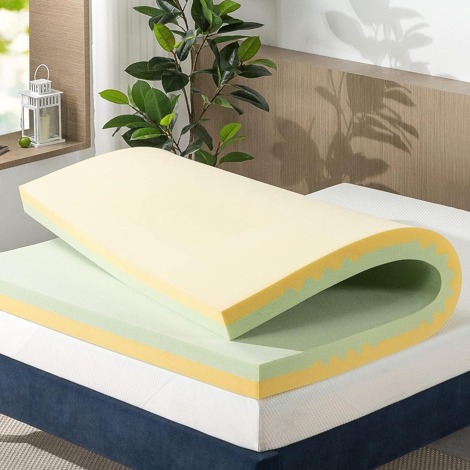 Queen Green Tea Memory Foam Mattress Topper with Lumbar Support