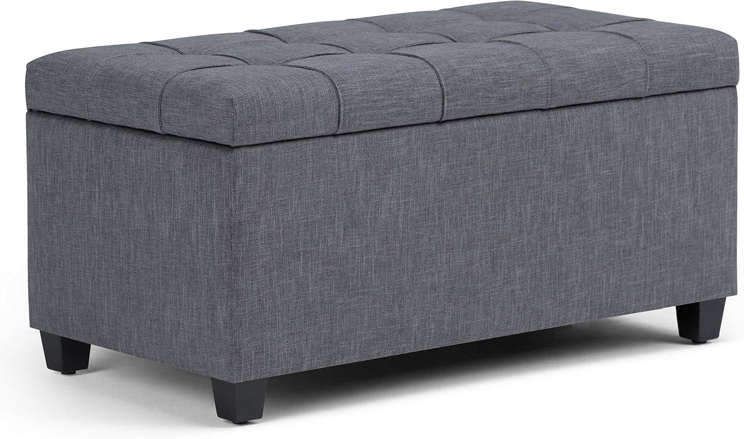 Simpli Home Sienna 34" Transitional Rectangle Ottoman Bench in Gray Linen Look Fabric