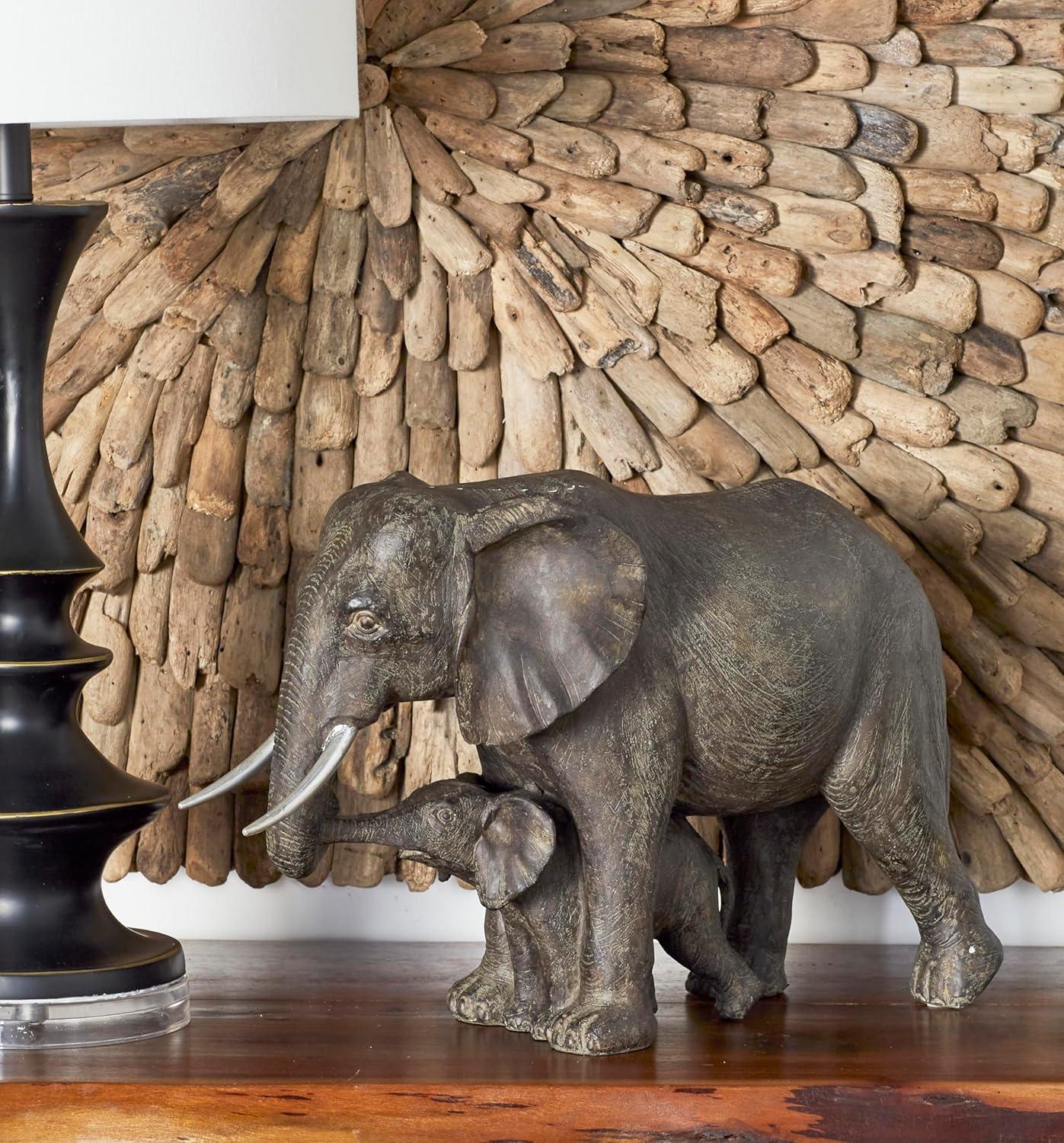 Gray Resin Elephant Mother and Calf Sculpture