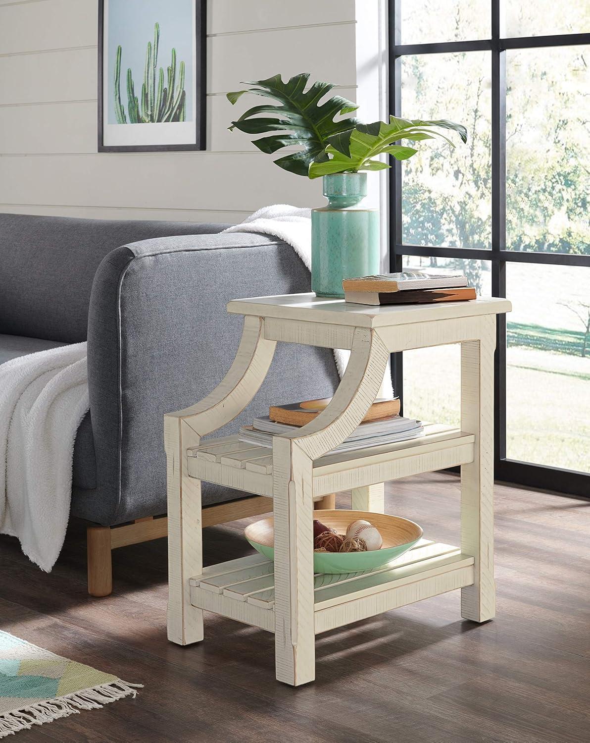 Antique White Rustic Pine Chairside Table with Power Outlets