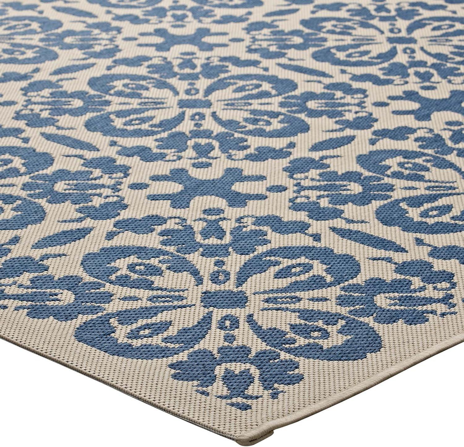 Ariana Vintage Floral Trellis 5x8 Blue and Beige Indoor-Outdoor Rug