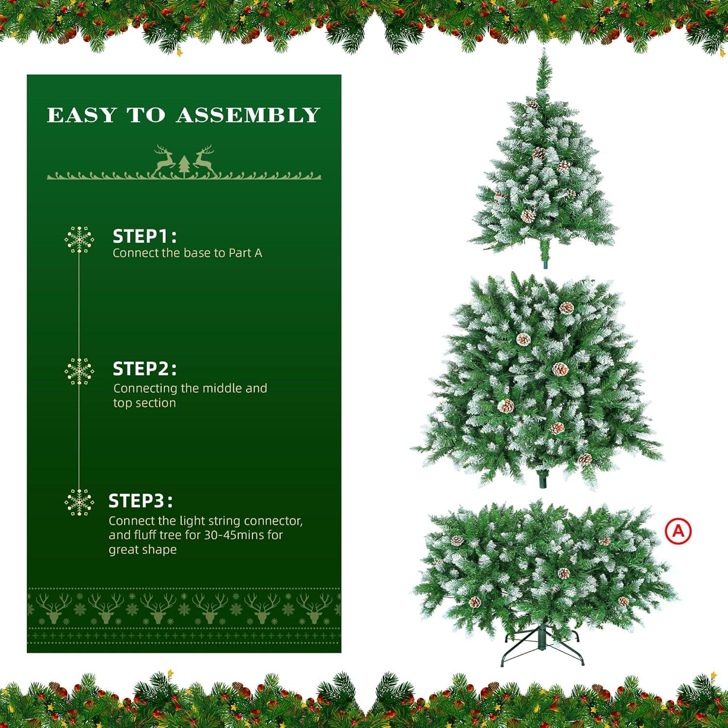 Ayieyill 6FT Pre-Lit Artificial Christmas Tree with 600 Snow Sprayed Tips 150 LED Lights 30 Snowflakes Ornaments