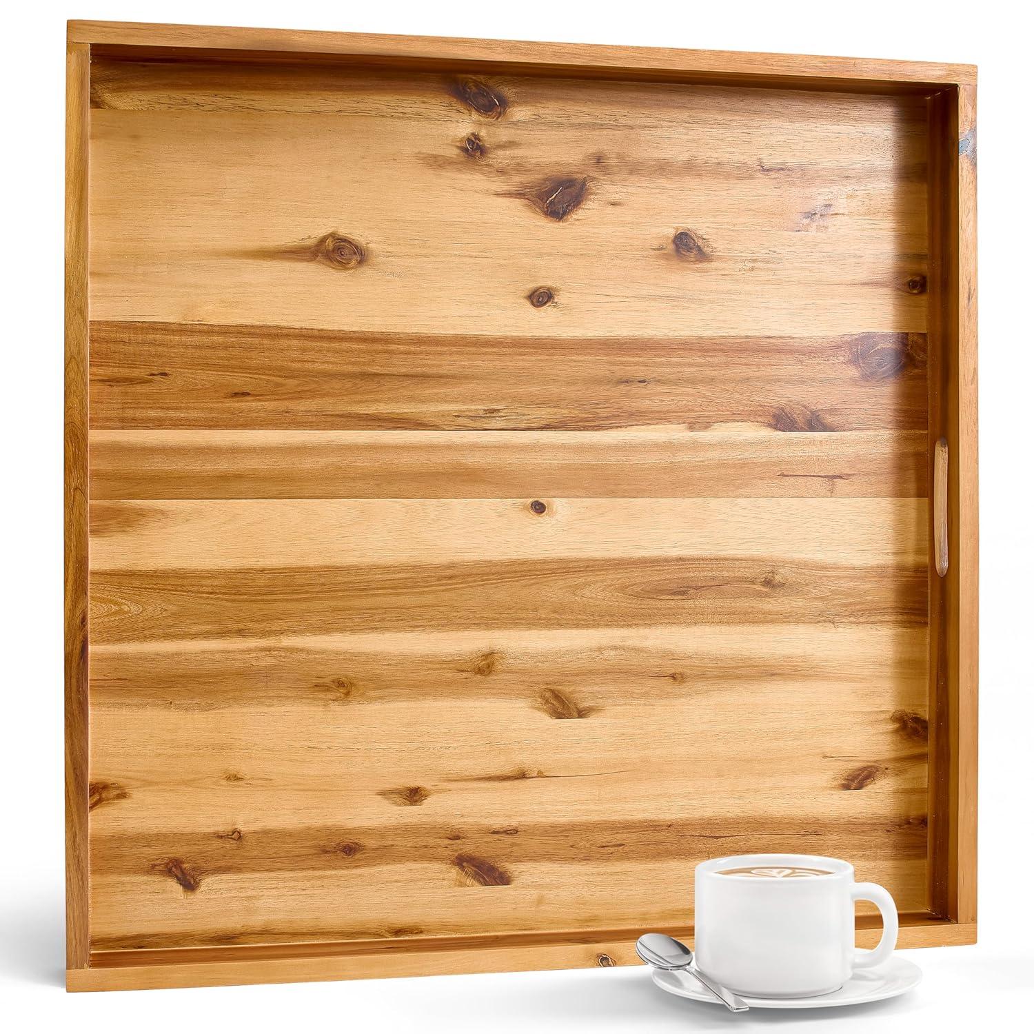 24 Inch Acacia Wood Ottoman Tray - Wooden Square Serving Tray with Handles - Extra Large Food Serving Trays for Decorative, Coffee Table, Breakfast in Bed - Charcuterie Trays Use for Kitchen