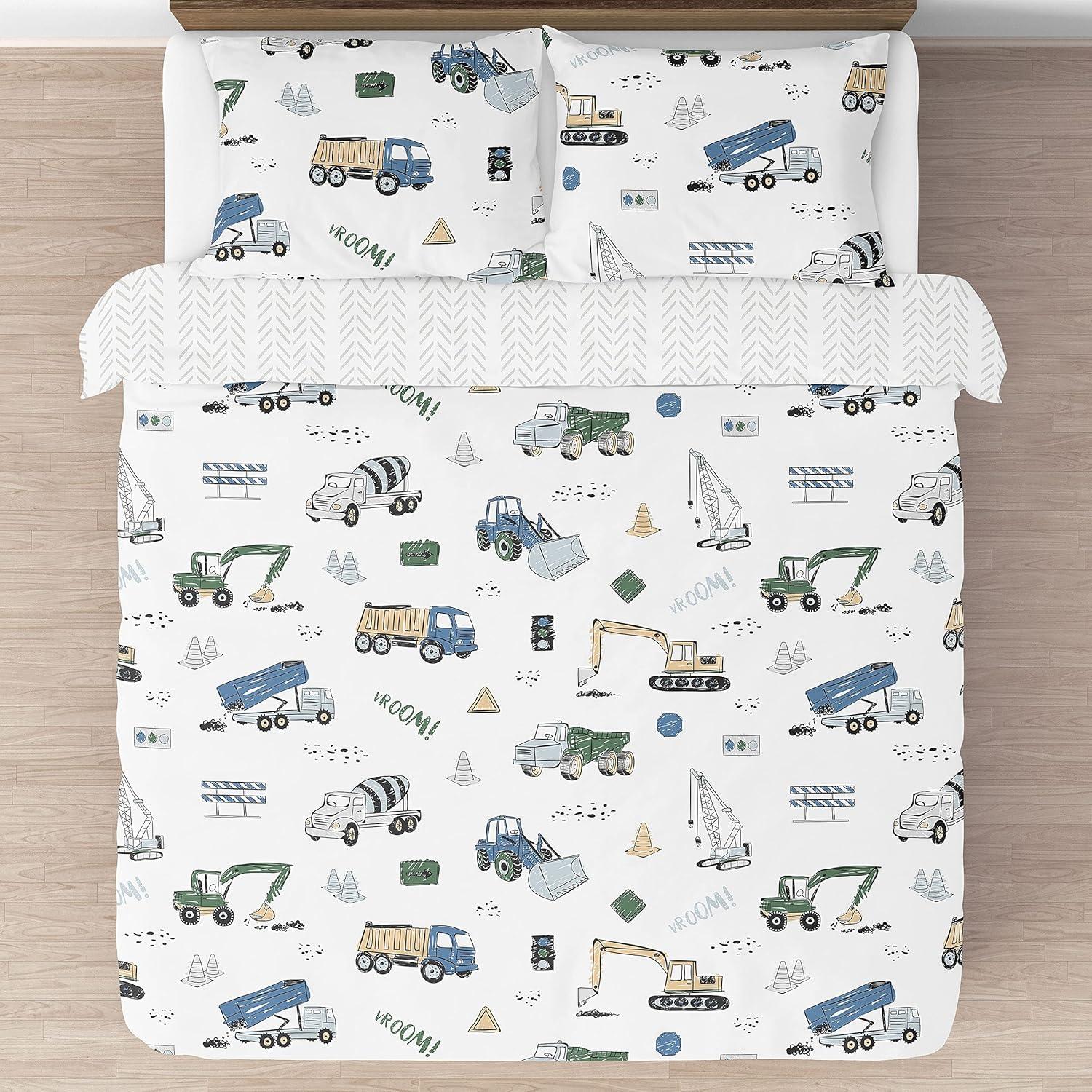 Construction Truck Blue Green Yellow Grey And Black 3 Piece Queen Comforter Set