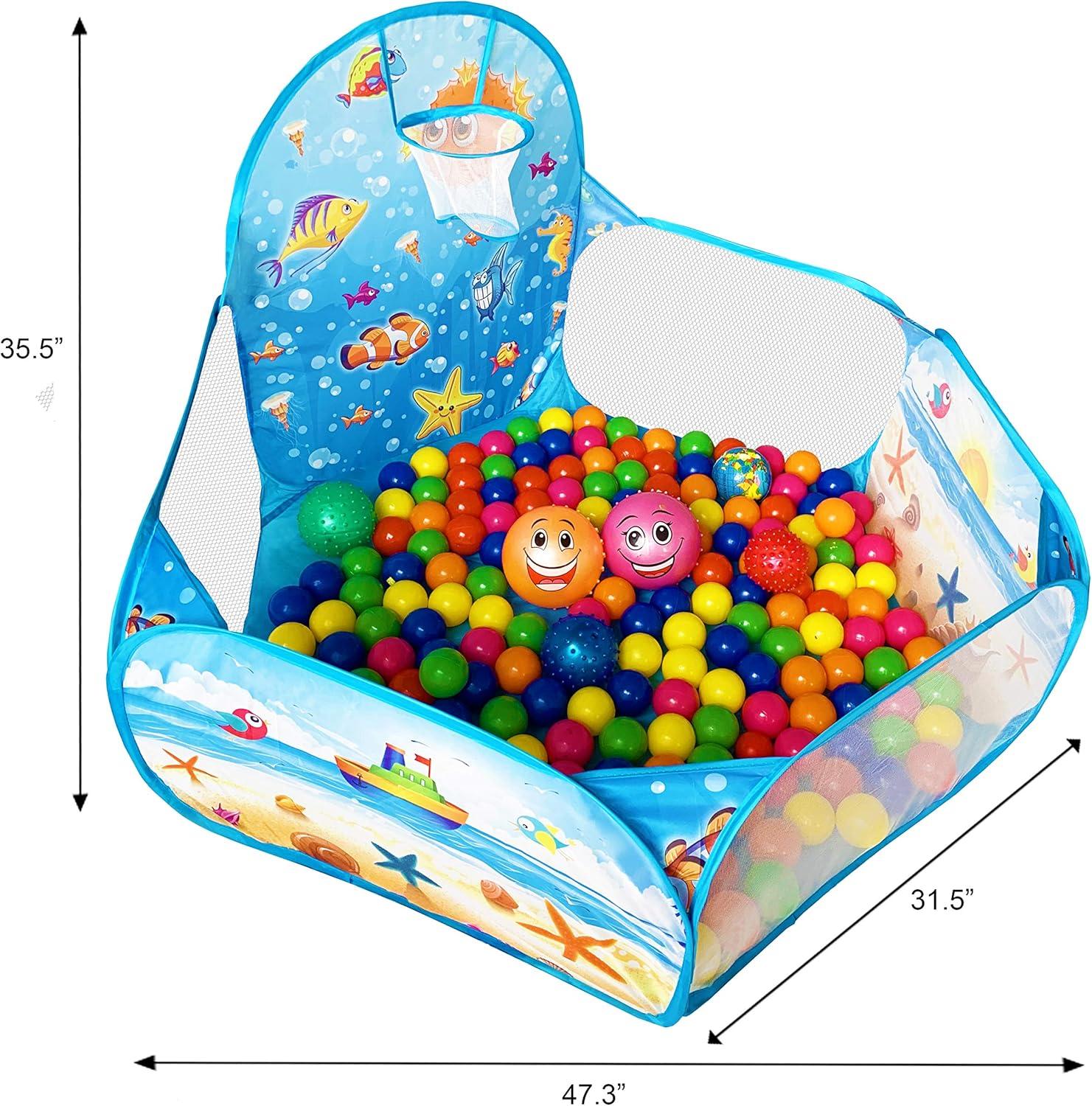 KingBee Ball Pit Pop Up Children Play Tent, Ocean Pool Baby Toddler Playpen with Basketball Hoop - Toys Gifts for Kids Girls Boys 6 Year Old - Balls Not Included (Blue)