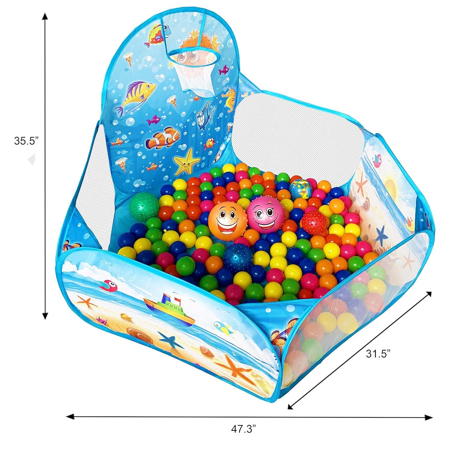 KingBee Ball Pit Pop Up Children Play Tent, Ocean Pool Baby Toddler Playpen with Basketball Hoop - Toys Gifts for Kids Girls Boys 6 Year Old - Balls Not Included (Blue)