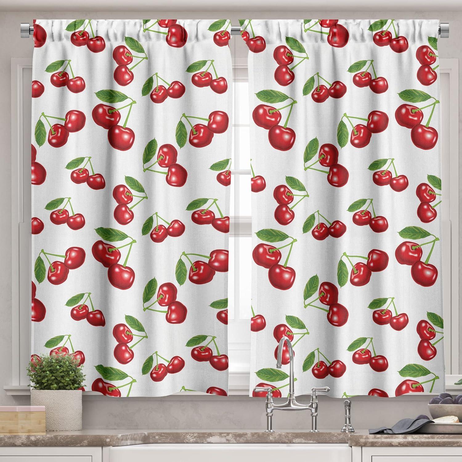 Ambesonne Fruit Valance & Curtain, Cherry Fruit Pattern, 55"x24", White Vermilion Green