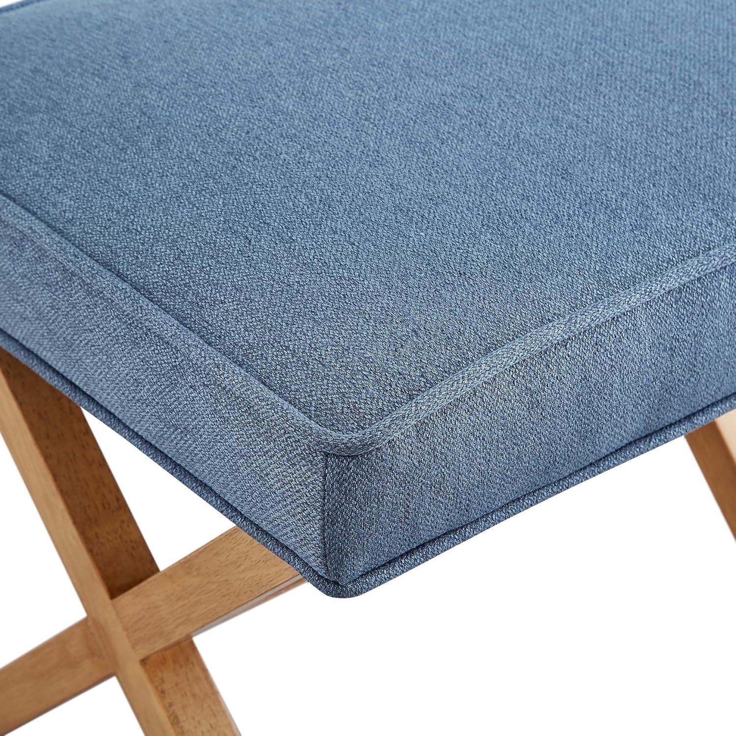 Indigo Blue Polyester X-Frame Ottoman with Wood Legs