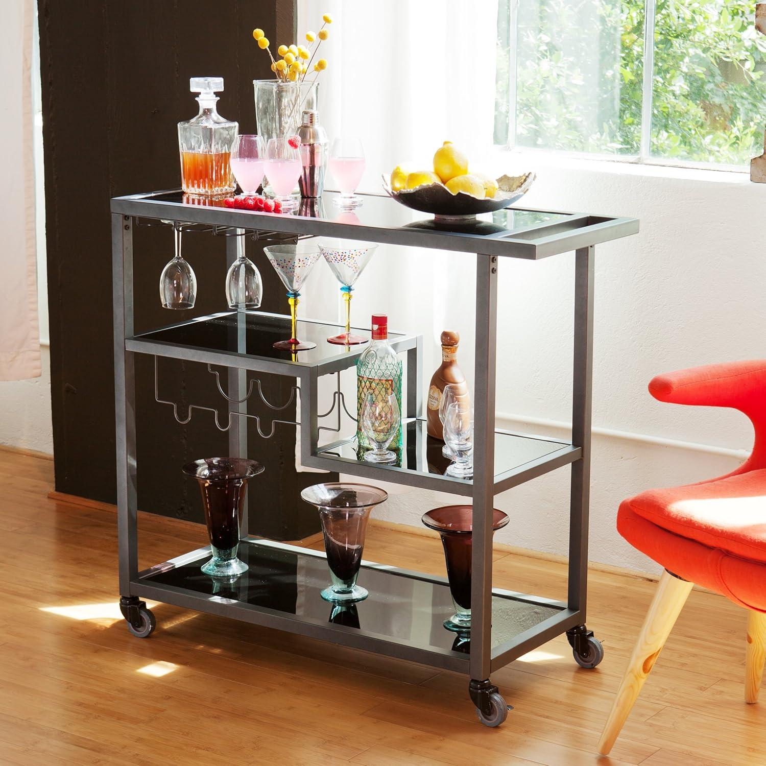 Gunmetal Gray Metal and Glass Bar Cart with Storage