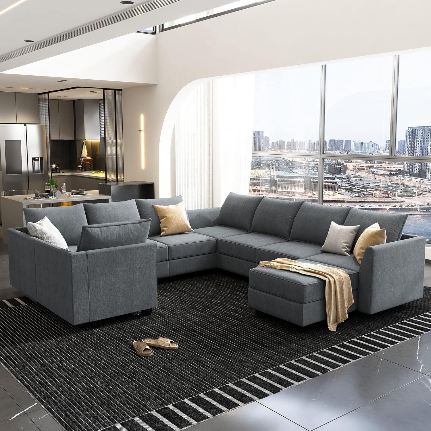 HONBAY Modular Sectional Sofa with Reversible Chaises Sofa with Ottomans U Shaped Sectional Couch for Living Room, Bluish Grey