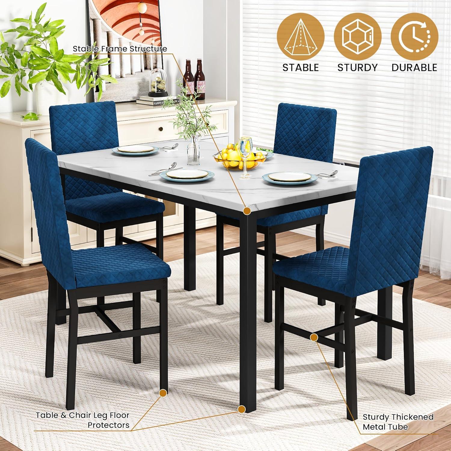 Lamerge Dining Table Set for 4, Kitchen Table and Chairs Set of 4, Faux Marble Dining Room Table Set with 4 Upholstered Velvet Chairs for Home Kitchen, White & Blue