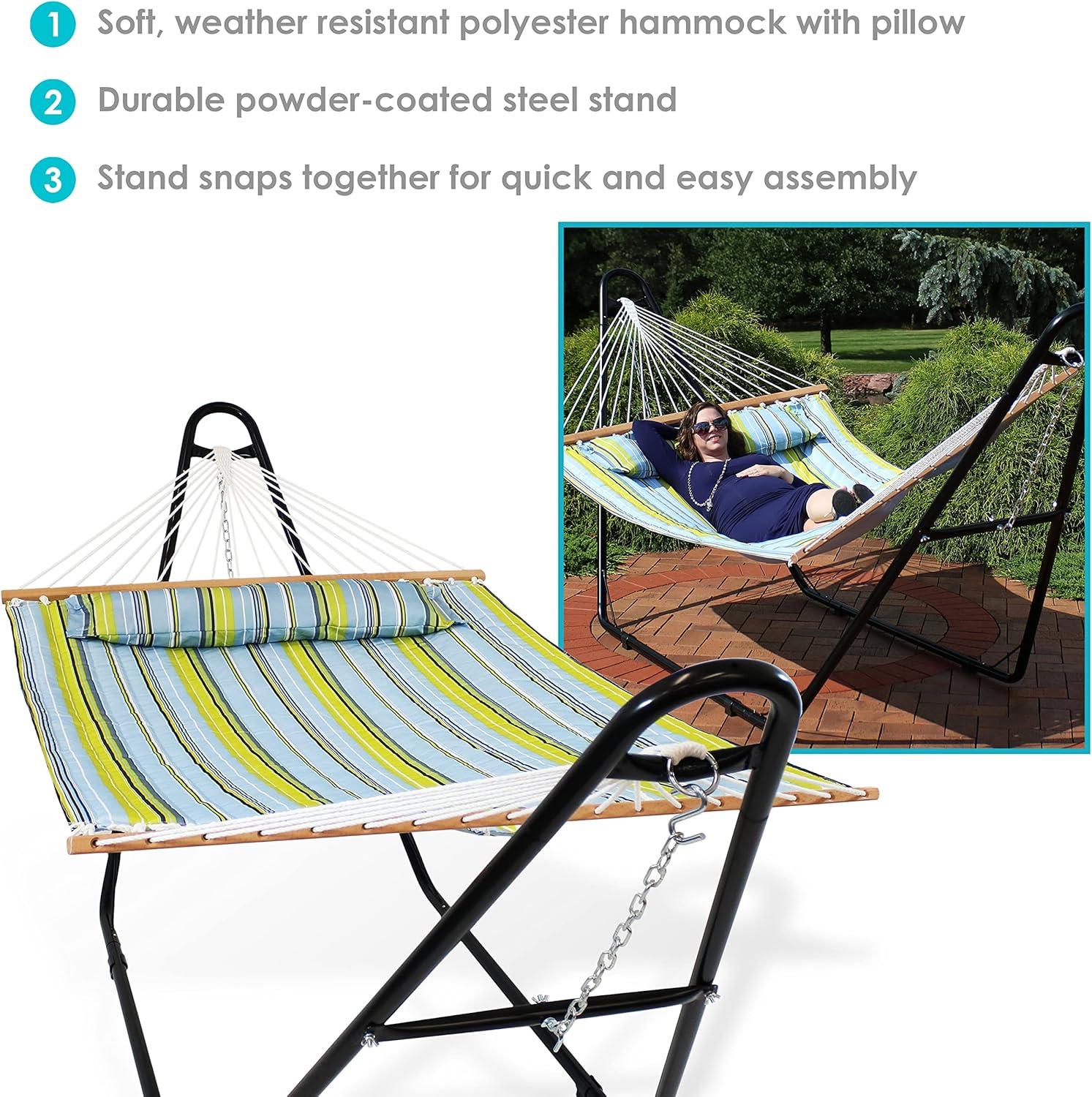 Sunnydaze Double Quilted Fabric Hammock with Universal Steel Stand - 450-Pound Capacity - Blue and Green