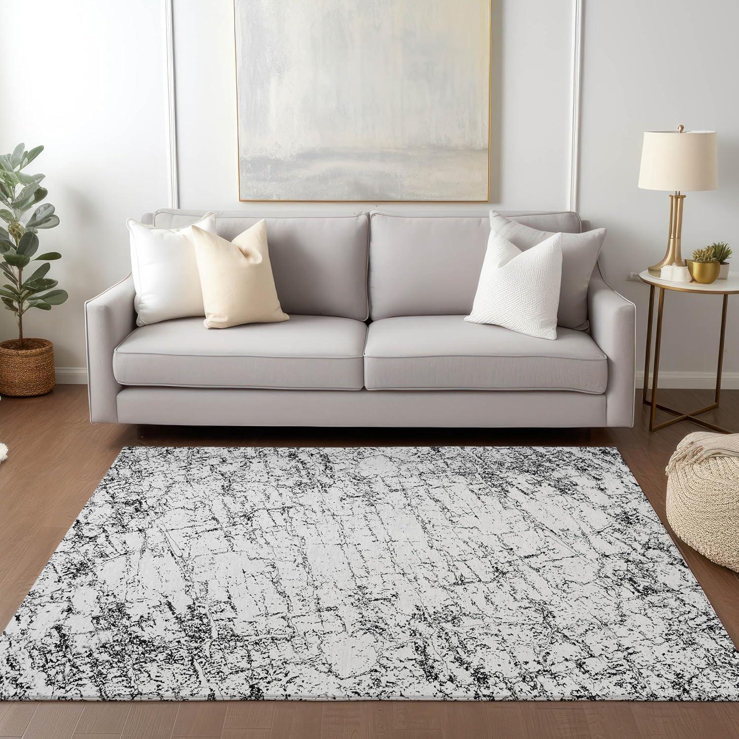 Black and White Synthetic Flat Woven Washable Rug