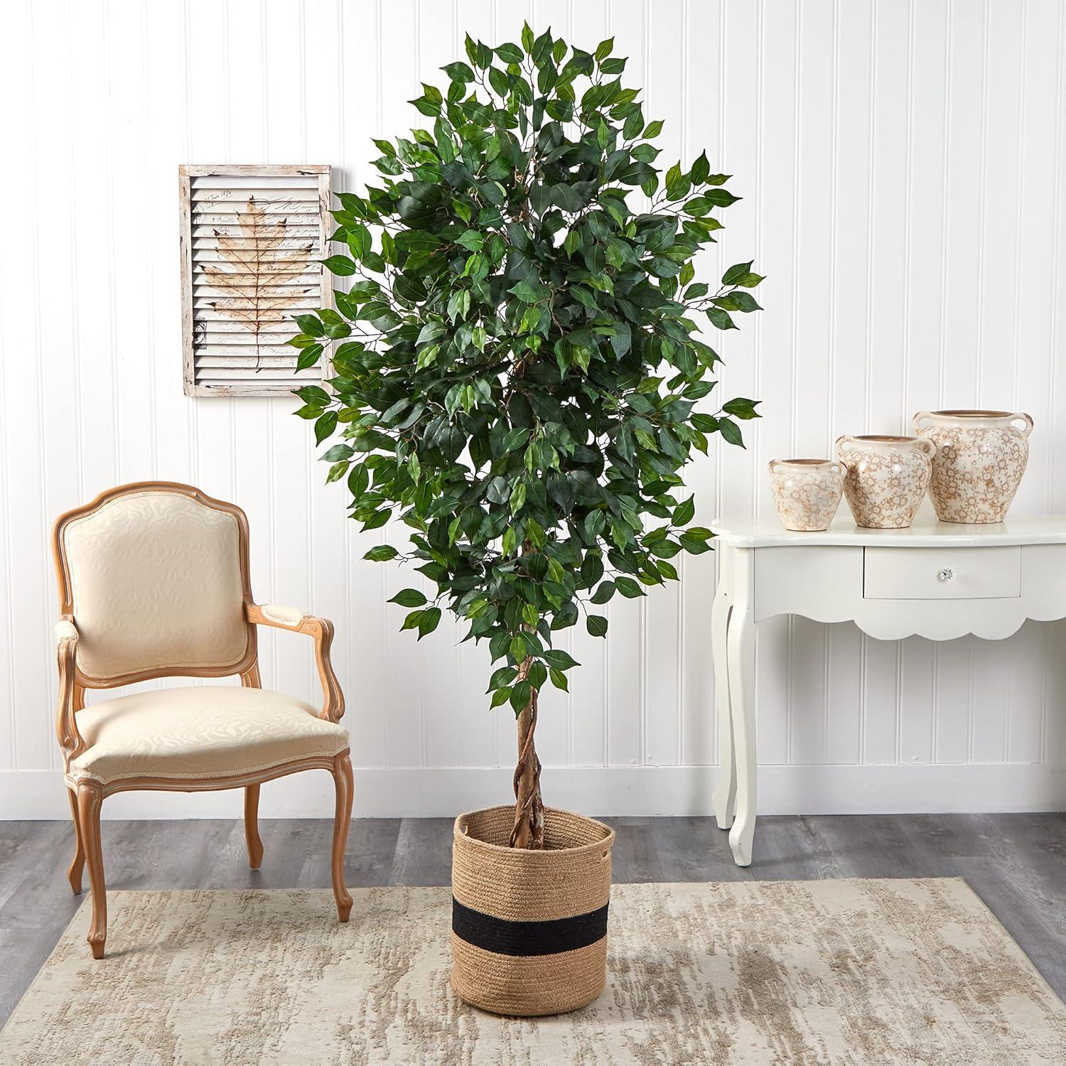 Nearly Natural 6’ Ficus Artificial Tree with Natural Trunk in Handmade Natural Cotton Planter