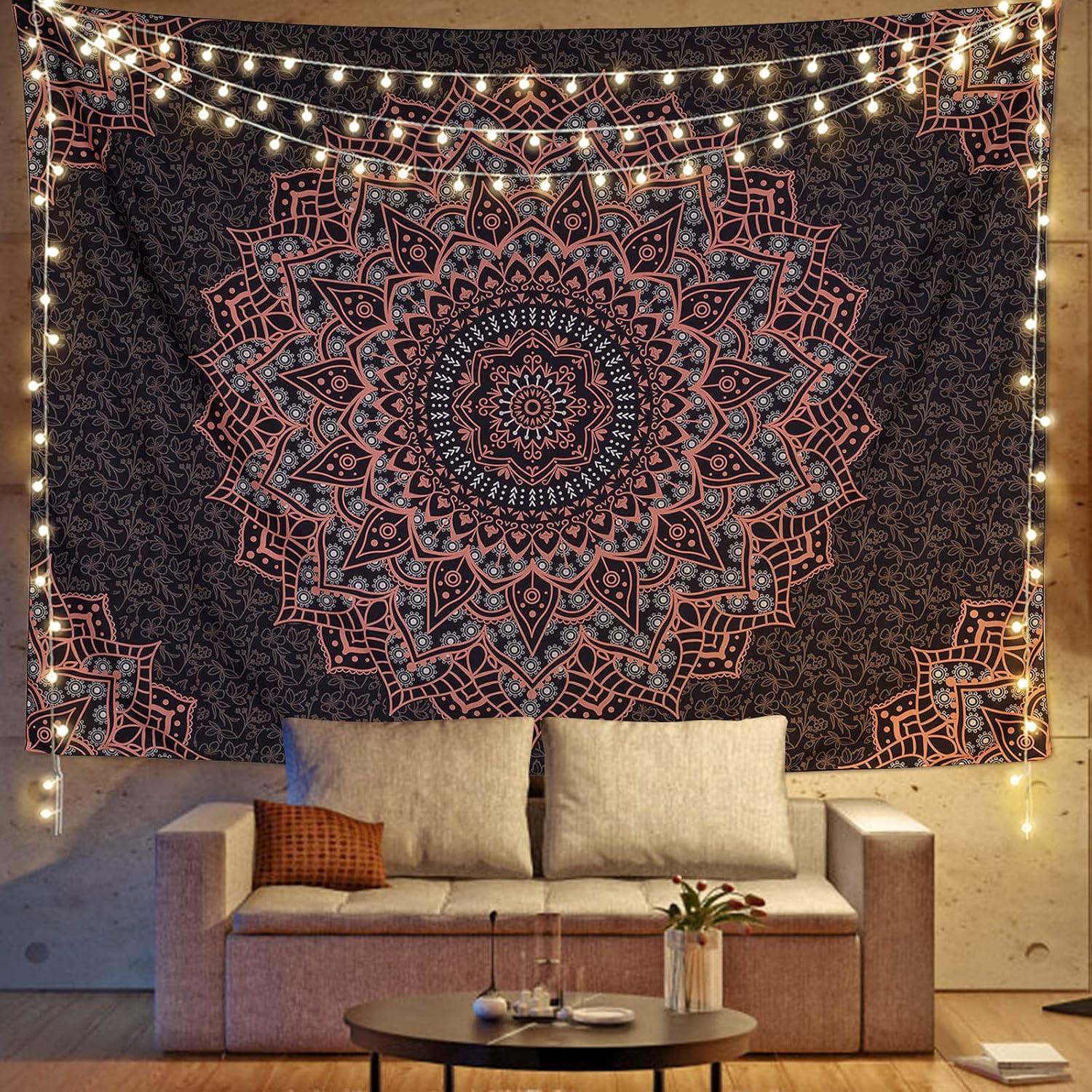 Black and Pink Mandala Polyester Bohemian Tapestry