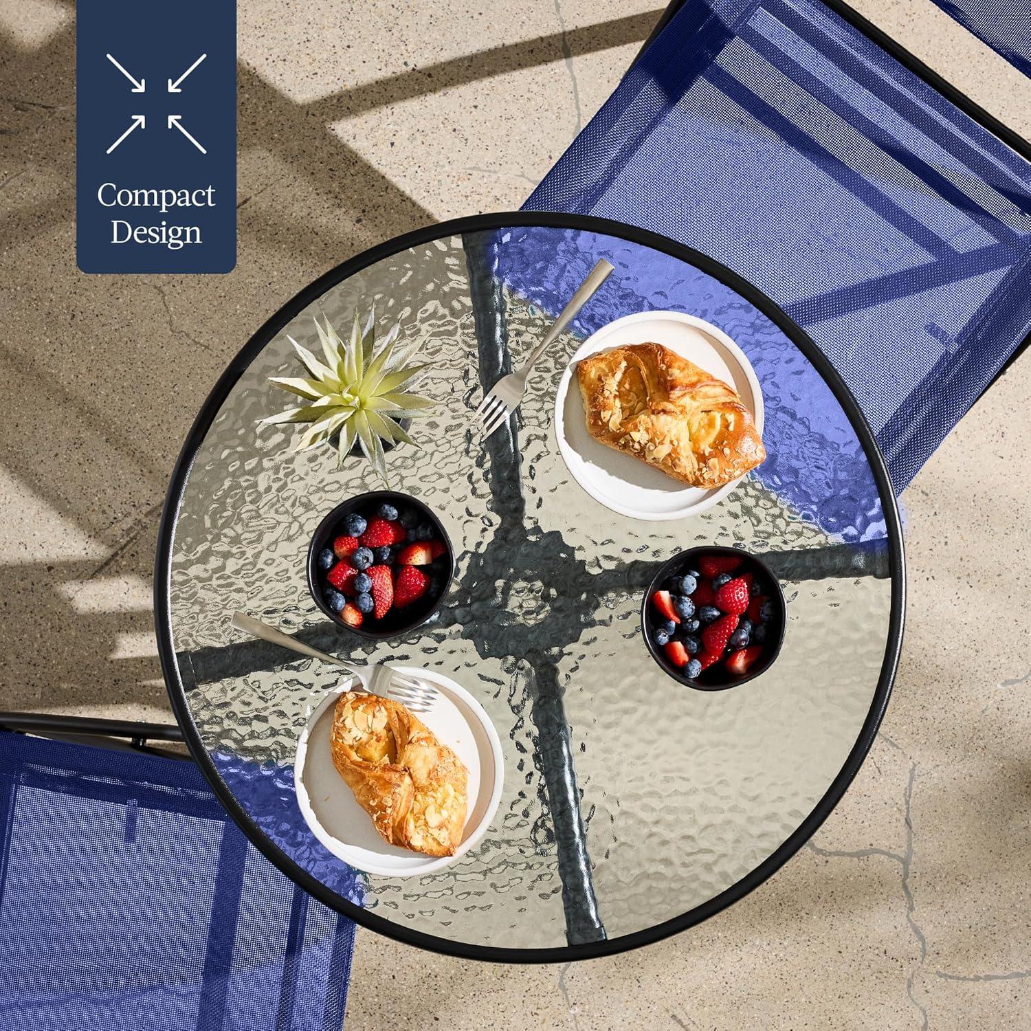 George Oliver 3-Piece Patio Bistro Dining Furniture Set W/ Glass Tabletop, Folding Chairs