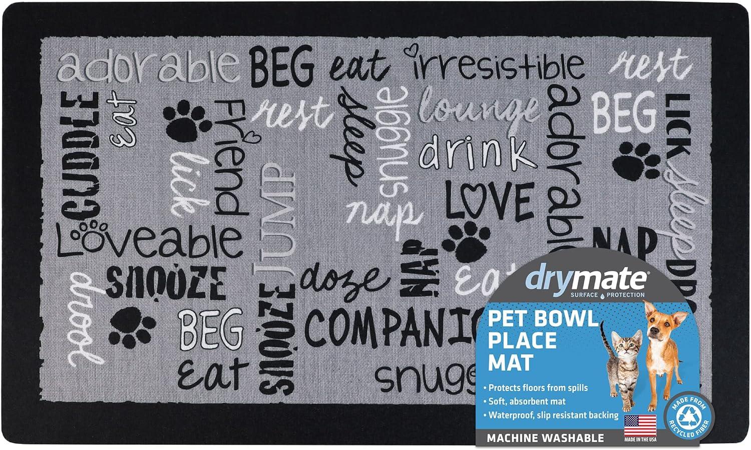 Drymate Pet Bowl Placemat, Dog & Cat Food Feeding Mat - Absorbent Fabric, Waterproof Backing, Slip-Resistant - Machine Washable/Durable (12” x 20”) (Linen Black)