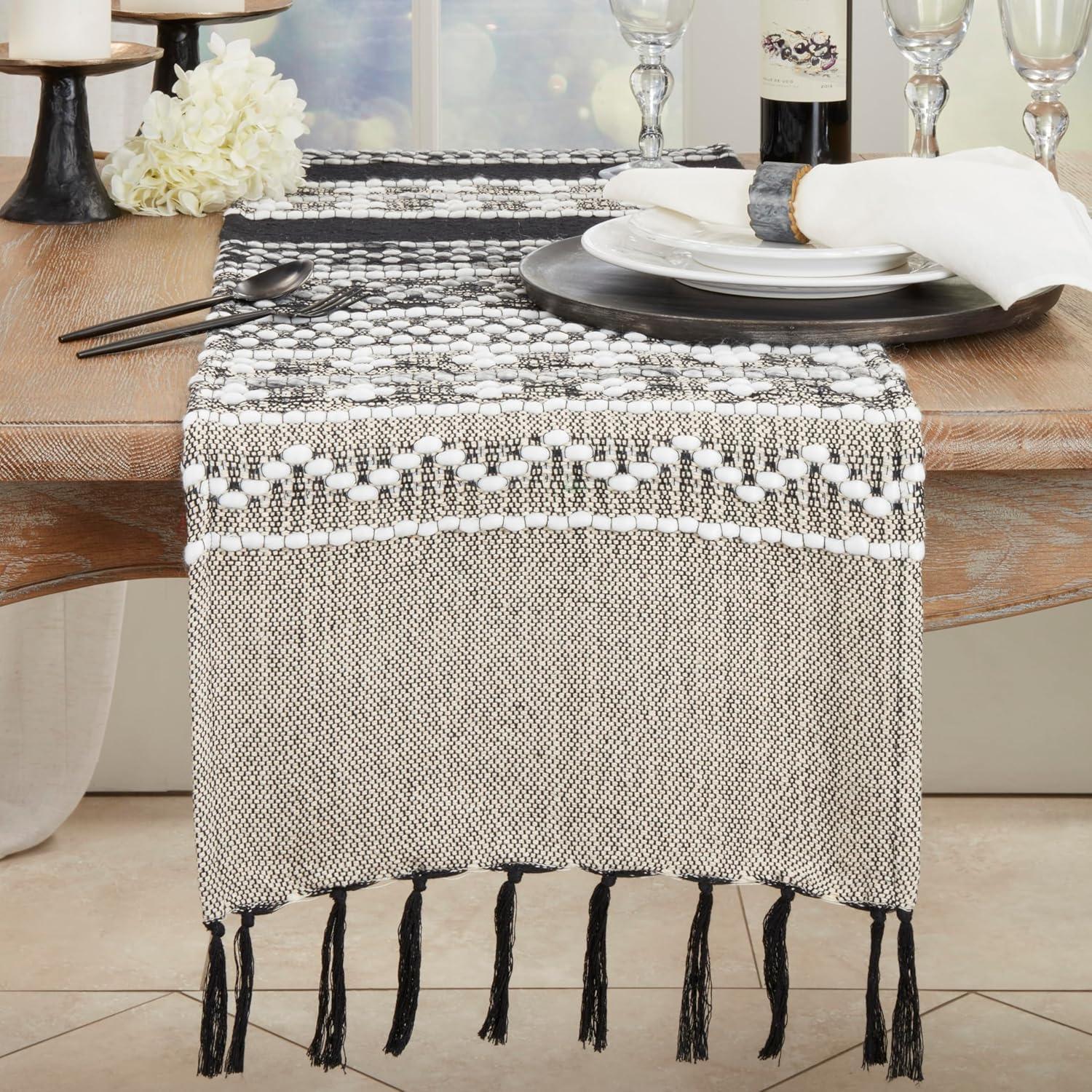 Saro Lifestyle Crafted Multi-Pattern Fringed Table Runner, Black, 16"x72"