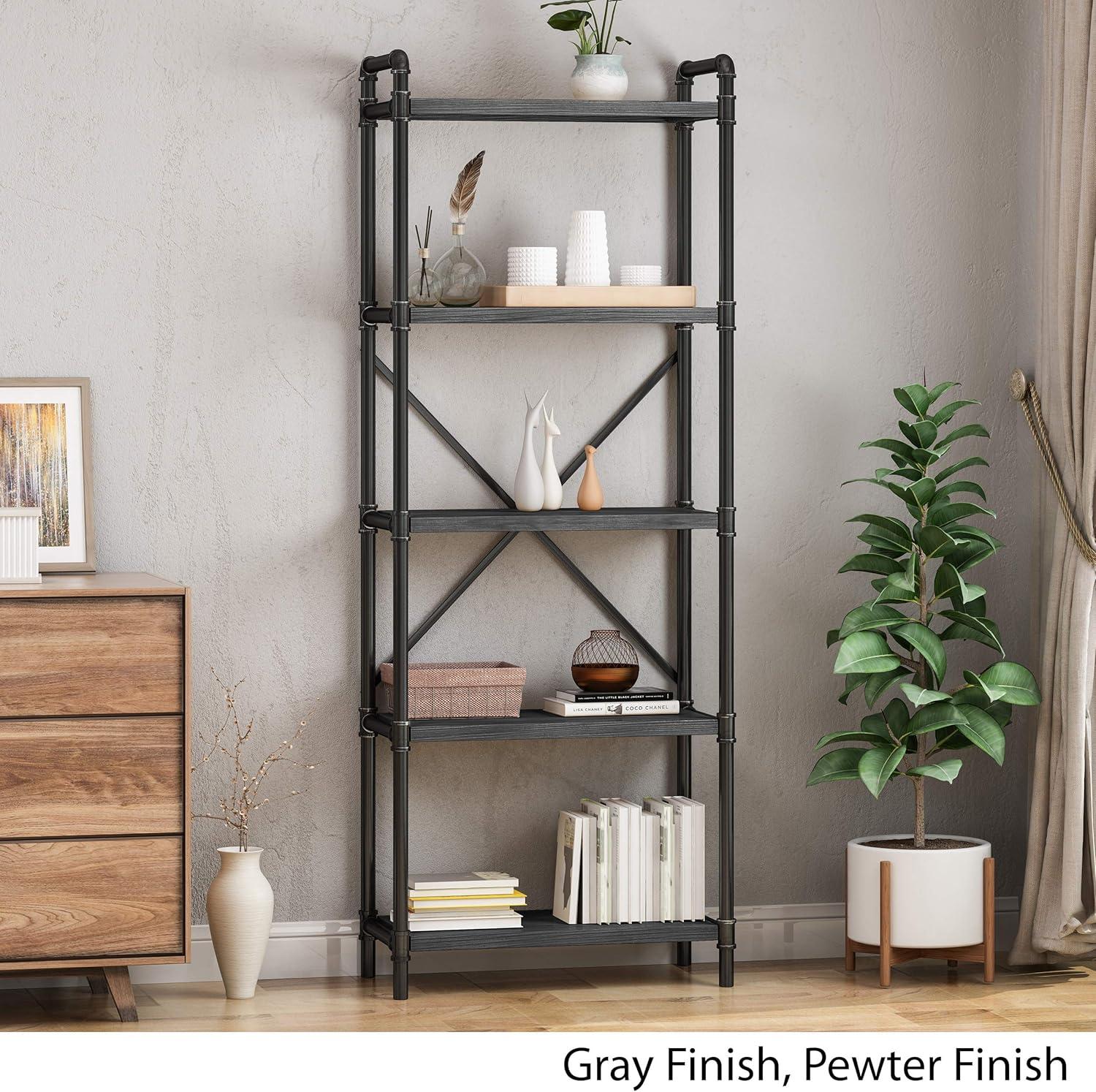 Sleek Industrial Gray Iron and Pewter Five-Shelf Bookcase