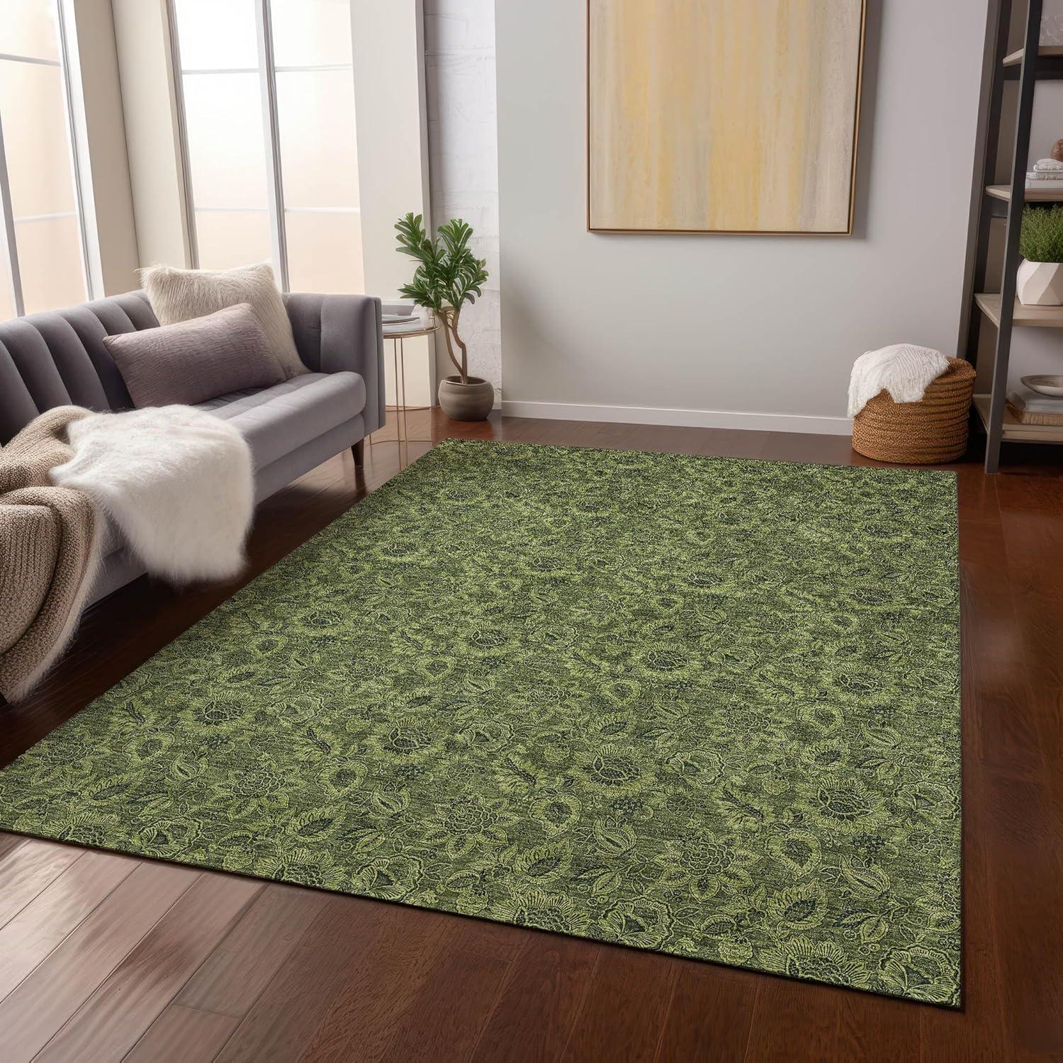 Olive Floral Machine-Washable Indoor/Outdoor Area Rug