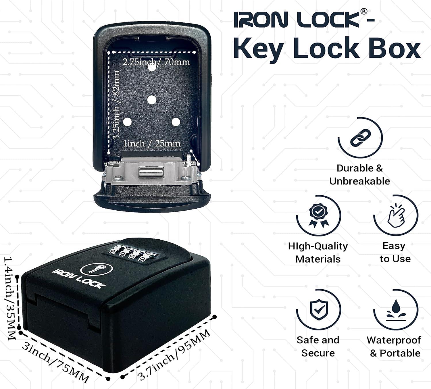 Iron Lock - Small Wall Mount Key Lock Box with 4-Digit Combo Resettable Code, Waterproof Lockbox