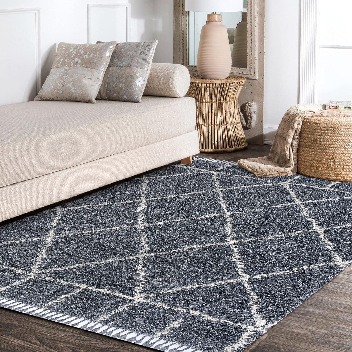 4'x6' Mercer Shag Plush Tassel Moroccan Geometric Trellis Area Rug, Denim/Cream - JONATHAN Y