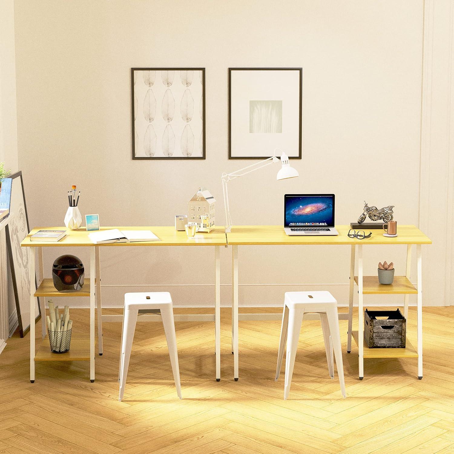 Oak and White Trestle Home Office Desk with Shelves