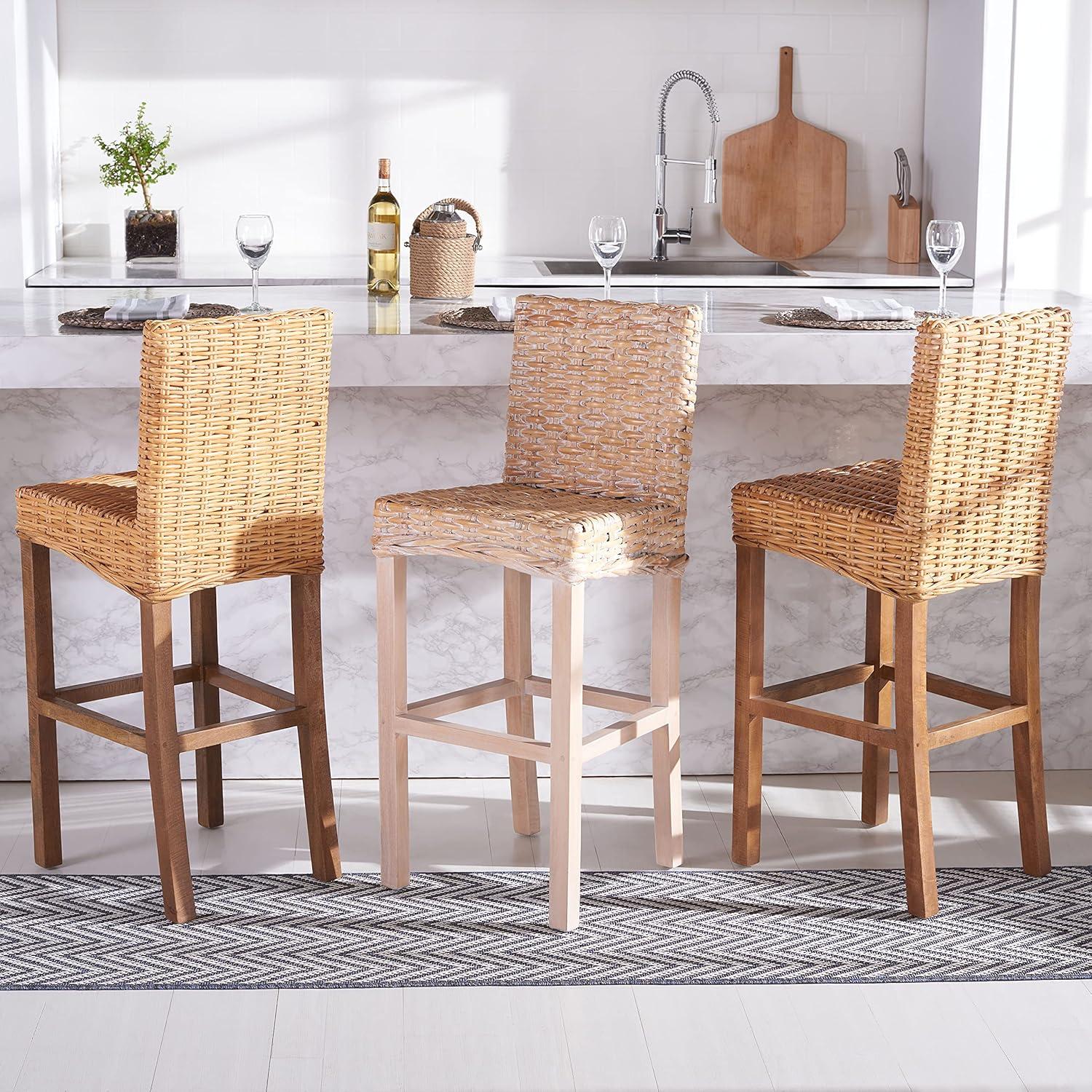 Tobie Rattan Bar Stool - White Washed - Safavieh