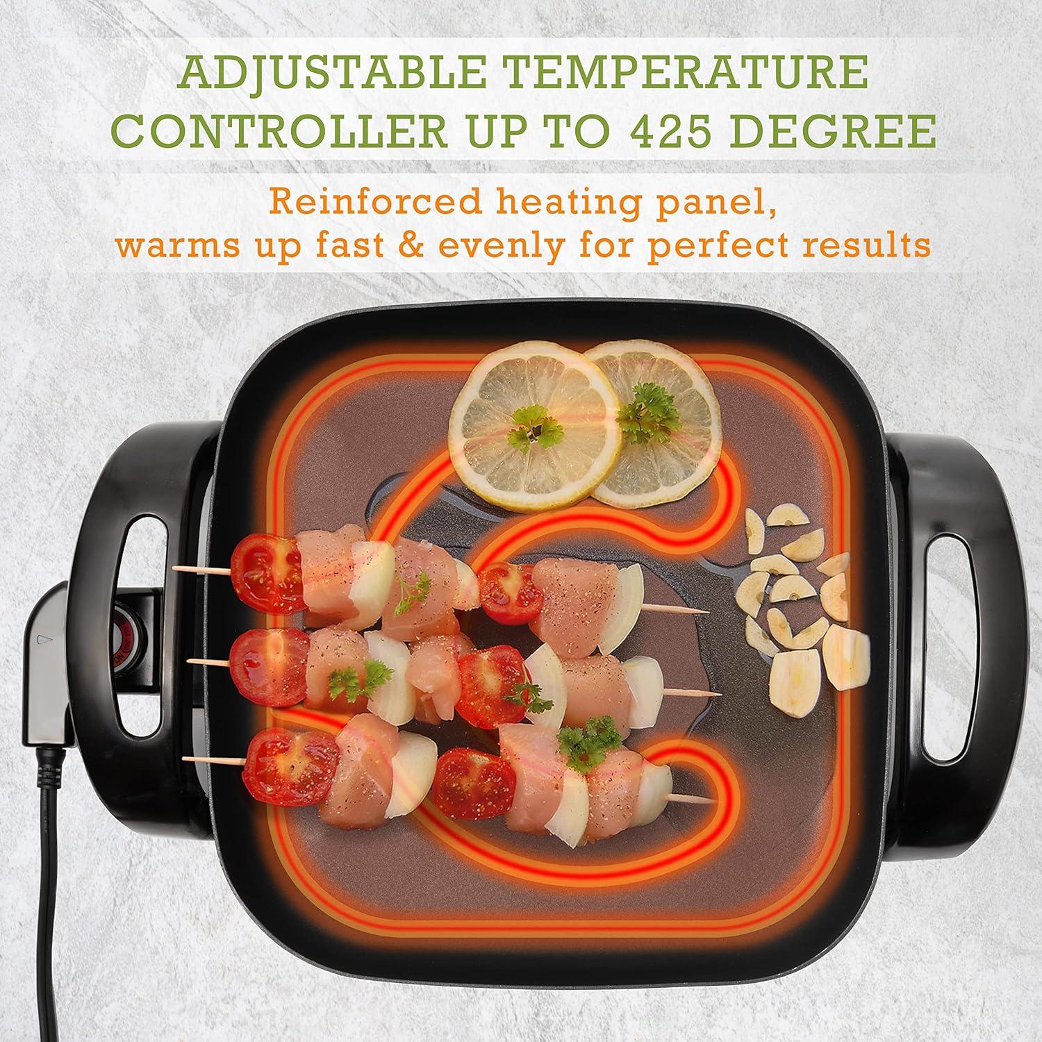 Moss & Stone Round Nonstick Electric Skillet With Lid, Aluminum 12 Inch Electric Frying Pan, 2 Layers Of Non-Stick Coating, Adjustable Temperature Control, Lid With Steam Vent, Electric Deep Skillet