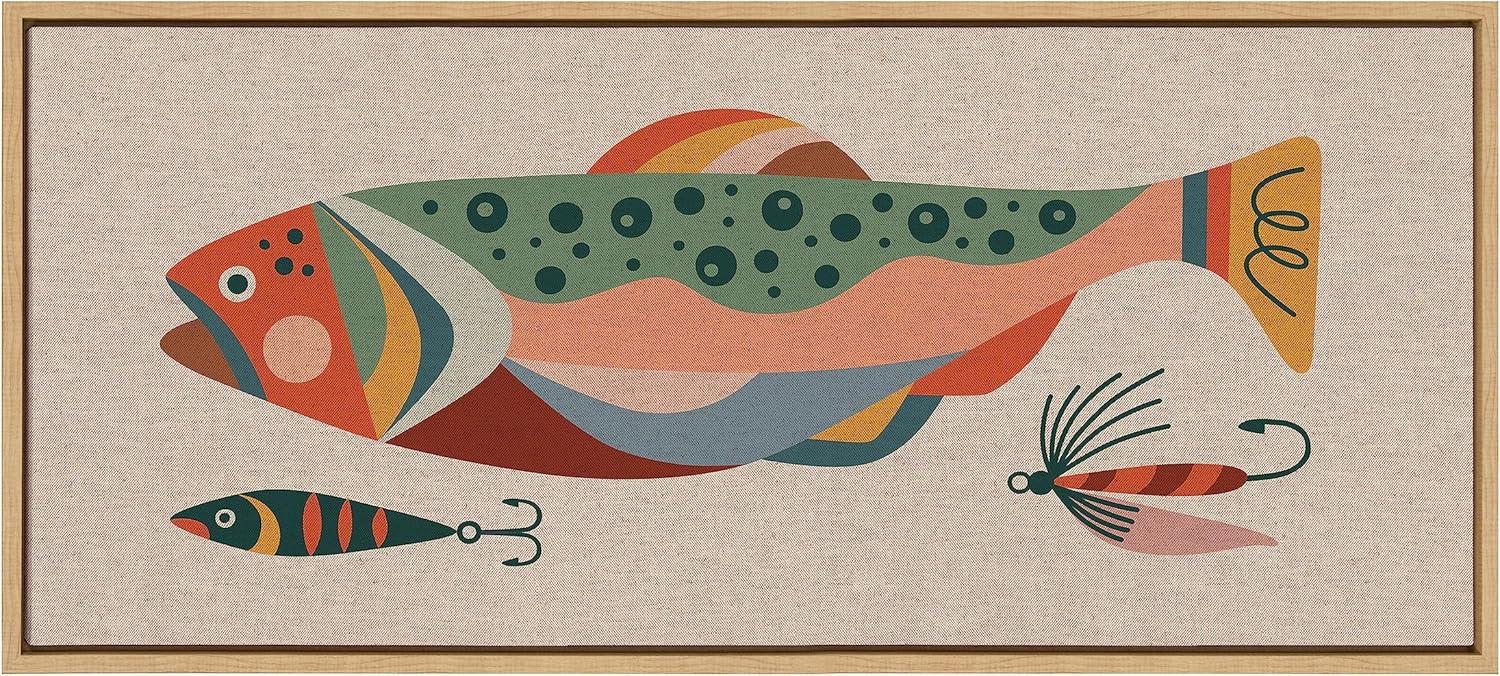 Kate and Laurel Sylvie Gone Fishing Neutral Linen Texture Framed Canvas Wall Art by Rachel Lee of My Dream Wall, 18x40 Natural, Bright Colorful Fish Art Print for Wall Decor