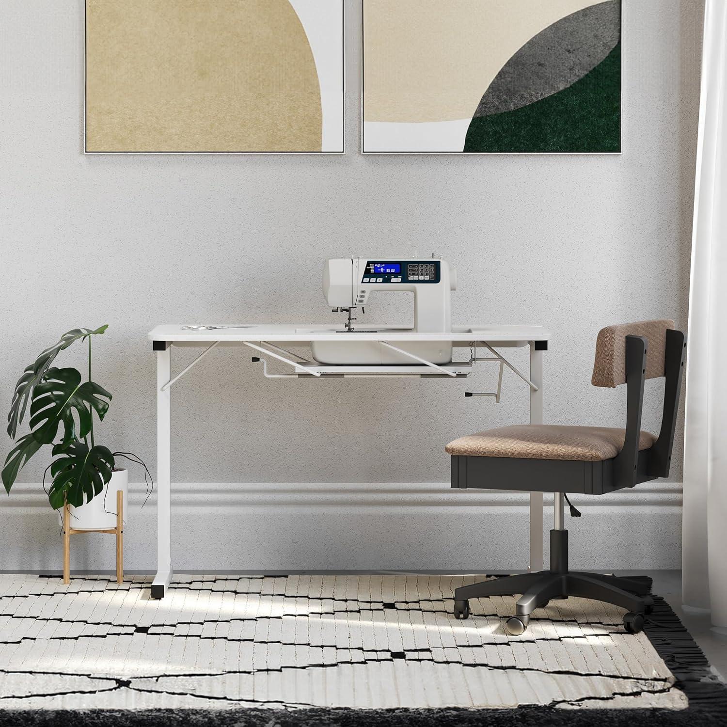 White Folding Sewing Table with Manual Lift and Steel Legs