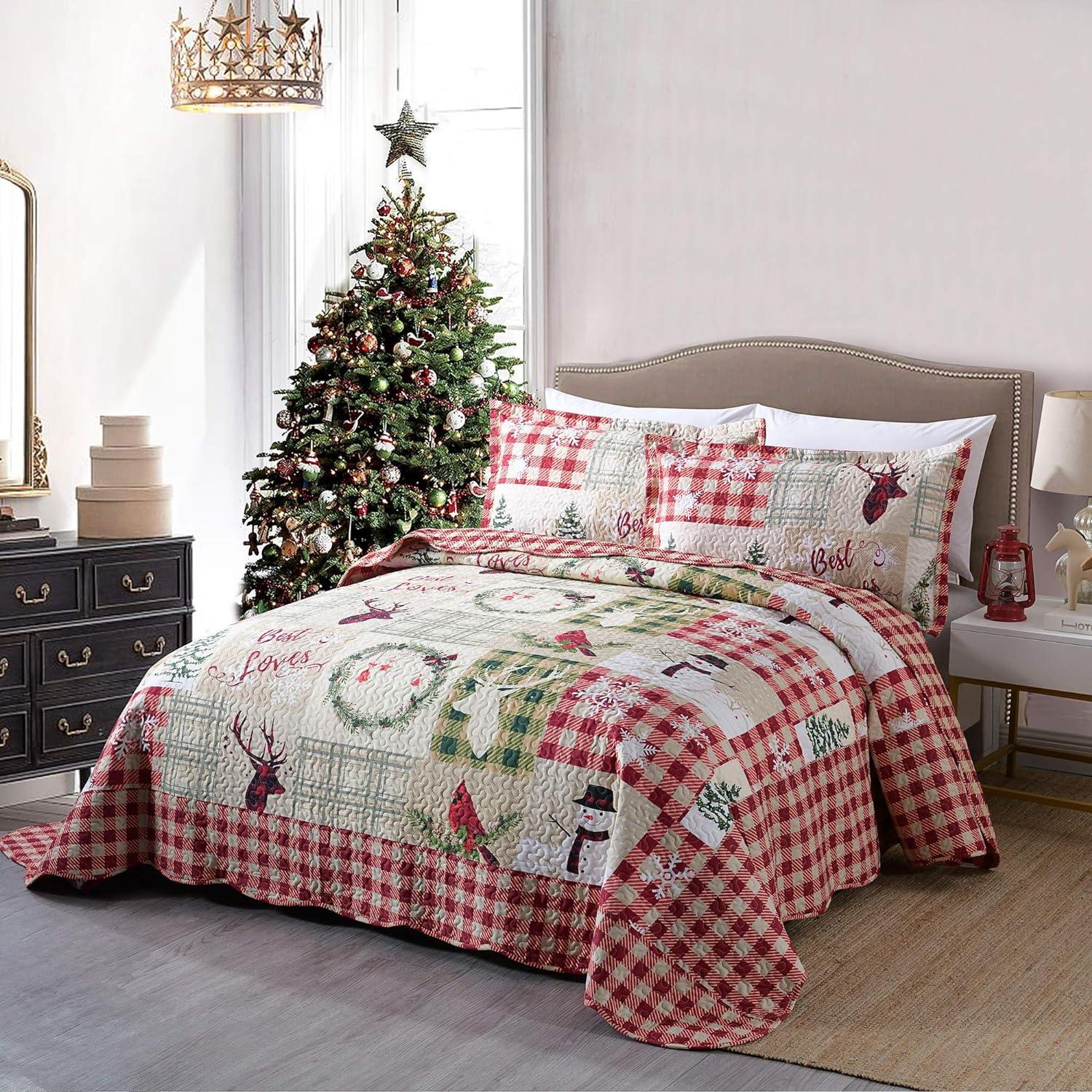 Christmas Quilt Set, Reversible Bedspread Coverlet, Lightweight Bed Cover, 1 Quilt 2 Pillow Shams