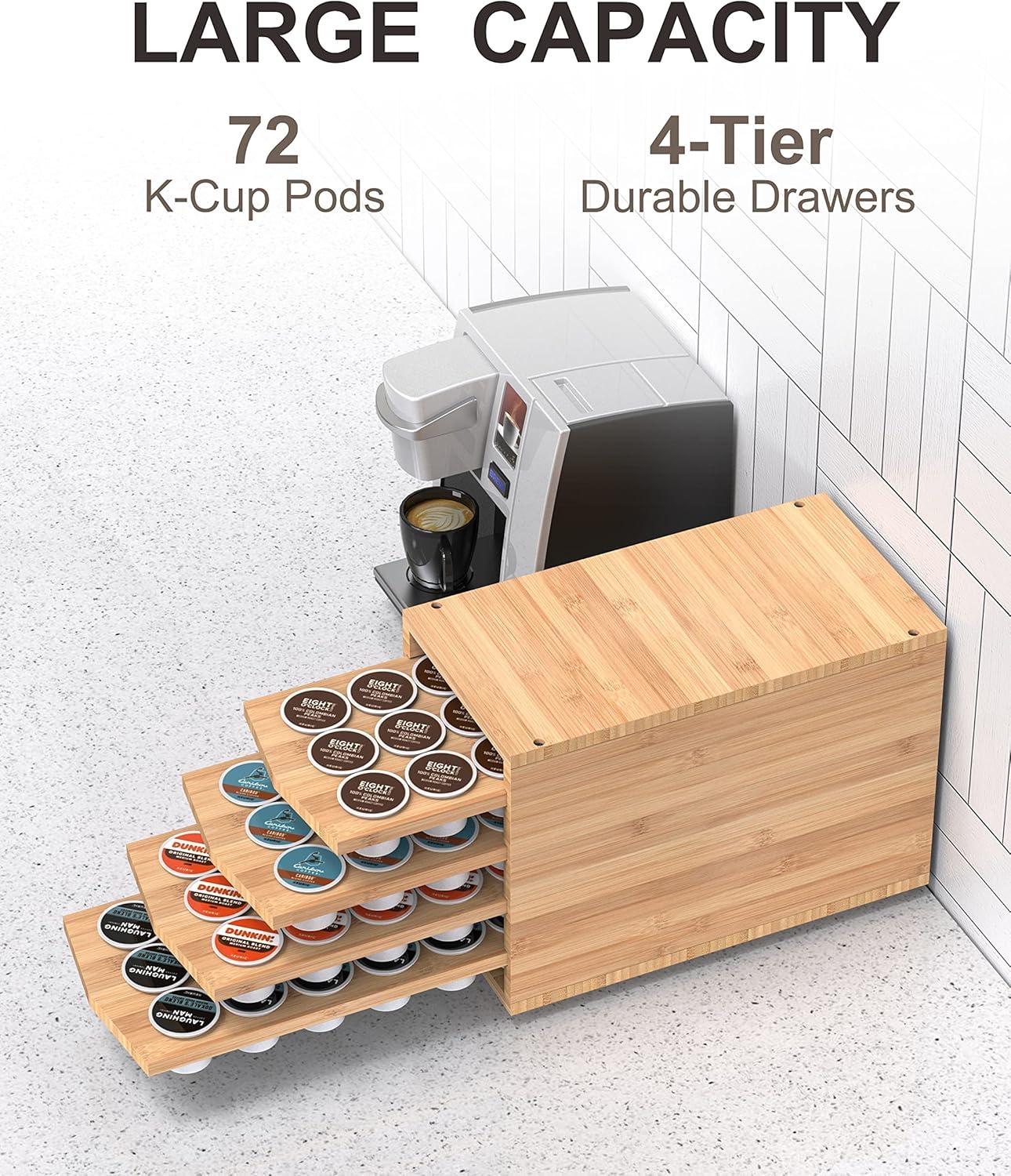 Bamboo Coffee Pod Drawer, 72 K-Cup Capacity, 4-Tier Storage Organizer For Keurig Pods, Natural Bamboo Kitchen Counter Organizer