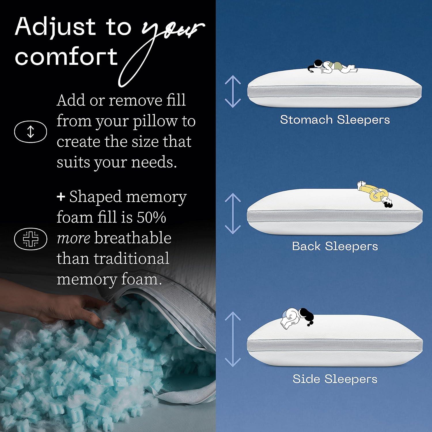 Coop Home Goods The Eden Cool+ Adjustable Pillow, Queen Size Plus Memory Foam Pillows with Cooling Gel, Back, Stomach or Side Sleeper, Neck Support