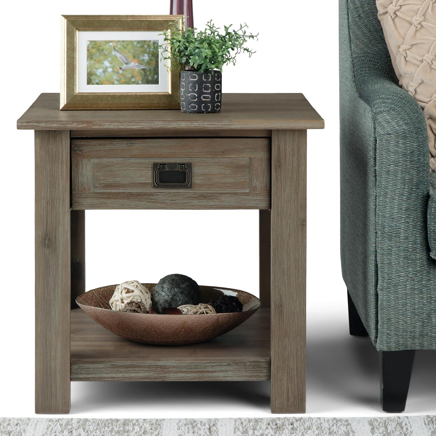 Monroe Solid Acacia Wood Square End Table in Distressed Grey with Storage