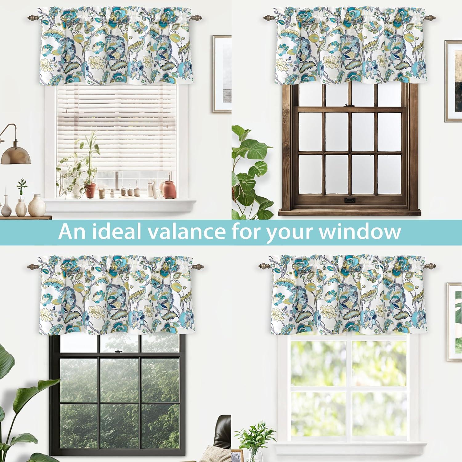 Layla Teal and Ivory Floral Room Darkening Rod Pocket Valance